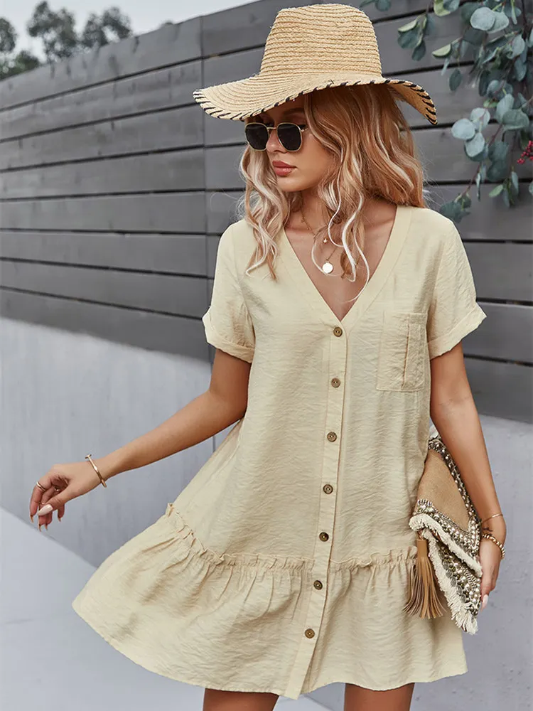 

Msfilia Solid Short Dress Women V Neck Single Breasted Spring Summer Ladies Loose A Line Dresses