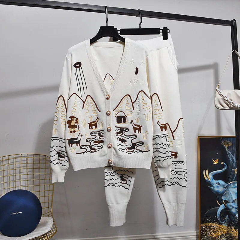 

2023 Spring Autumn Women Clothing Embroidery V Neck Knitted Cardigan Jacket + Pants Fashion Two Piece Set Female Outfits H1651