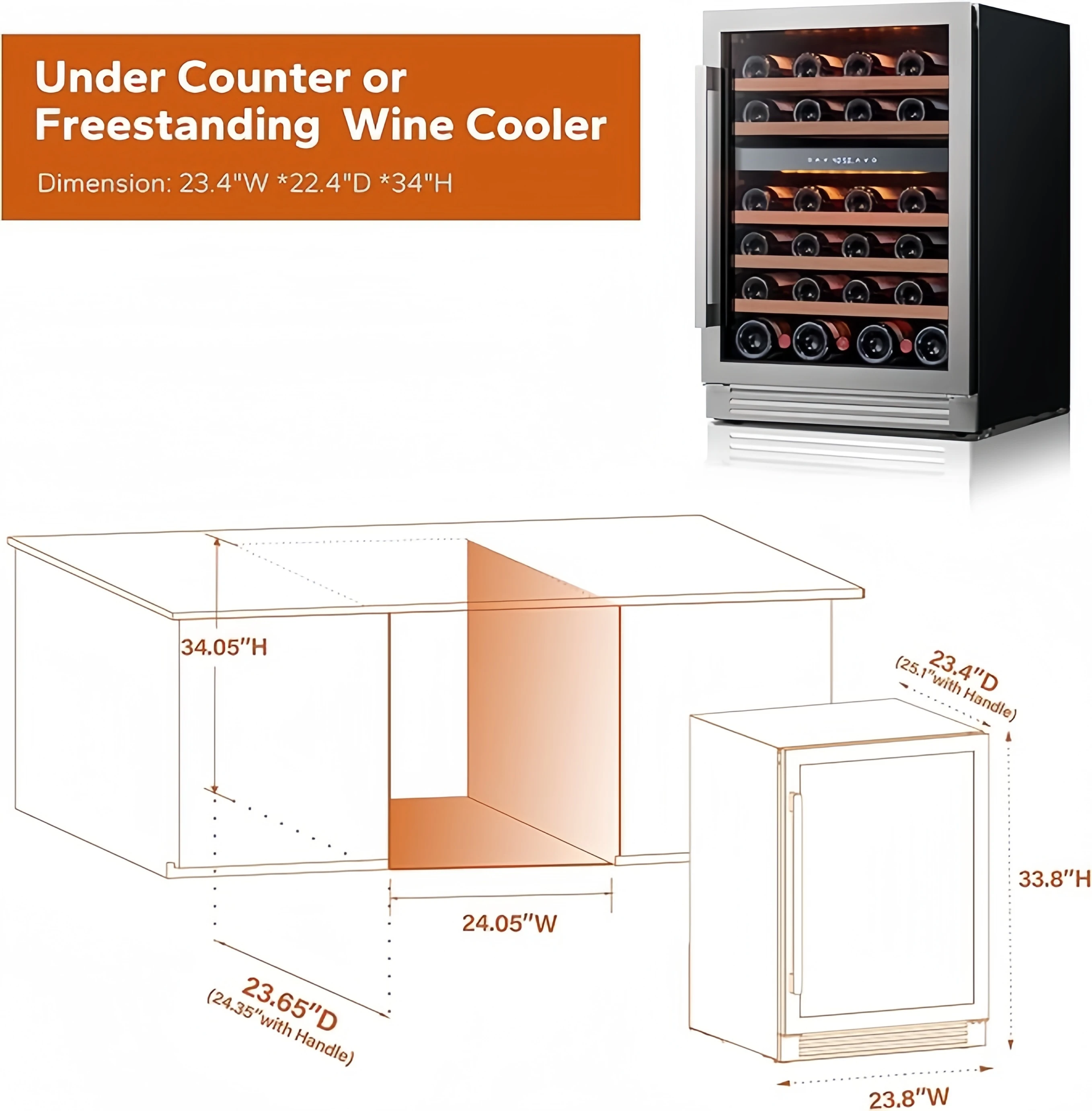 Powerful 46-Bottle Dual Zone Wine Cooler 24-Inch Home Refrigerator With 3 LED Lights & Glass Door Supermarket Application