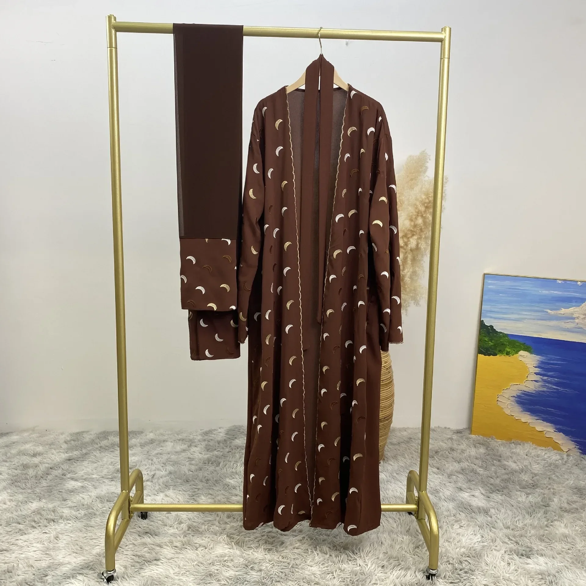 Moon Embroidery Open Abaya Ramadan Eid Kimono Abayas for Women Islamic Clothing Dubai Turkey Cardigan Muslim Hijab Dress Kaftan