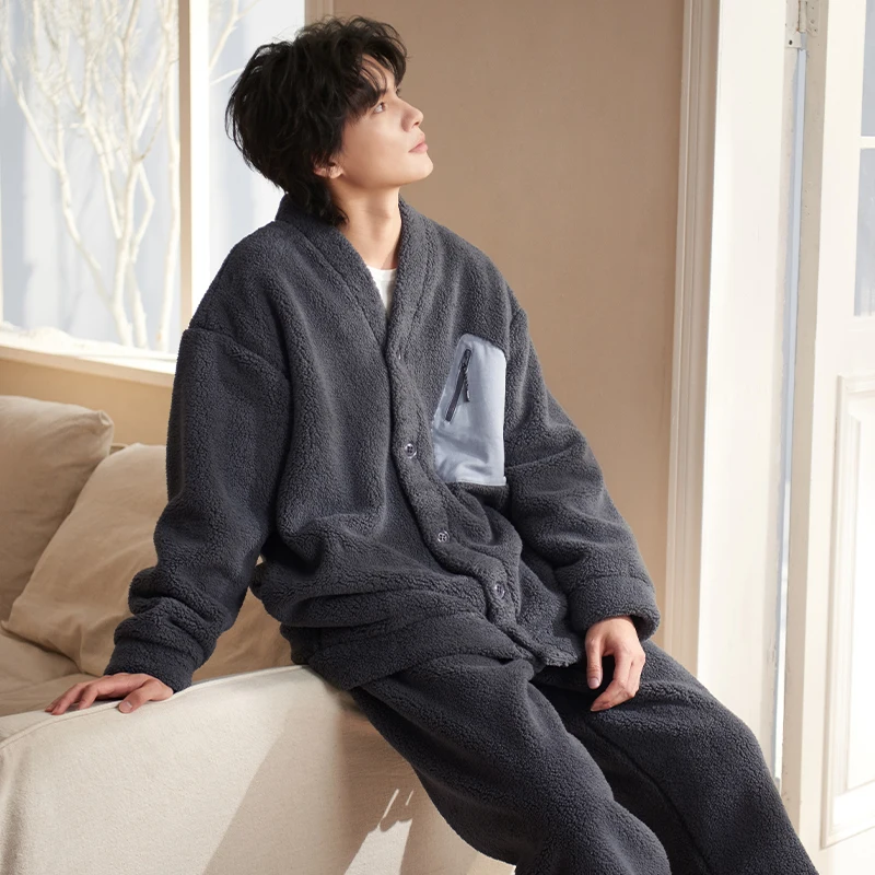 남성 플란넬 잠옷 홈웨어 큰 사이즈 잠옷 긴팔 잠옷 남성용 피자마 옴브레 산호 플리스 겨울 잠옷 3XL