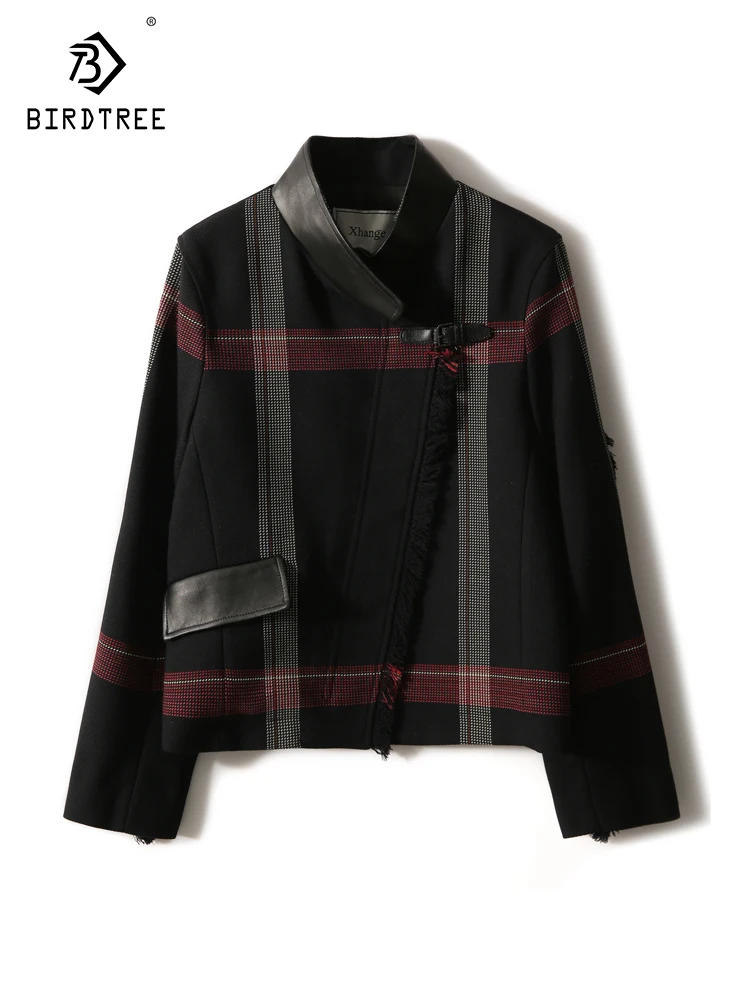 

BirdTree 100%Sheep Wool Plaid Retro Jacket, Women Long Sleeve French Style Coat, 2024 Spring Slanted Placket Cardigan C41544QC