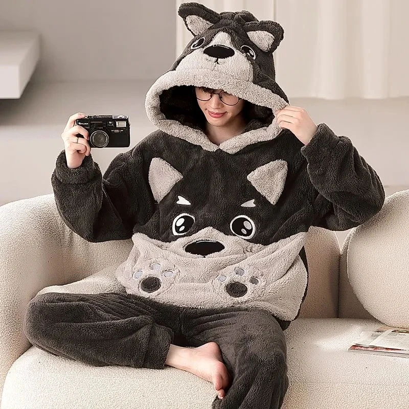 

Mens Pajamas Set Winter Warm Hooded Homewear For Male Cozy Sleepwear Ears Cartoon Animal Dog Nightgown Flannel Hombre Pijama