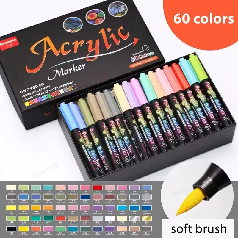 12-60 Colors Acrylic Paint Brush pen Art Marker Soft Tip Pen for Ceramic  Rock Glass