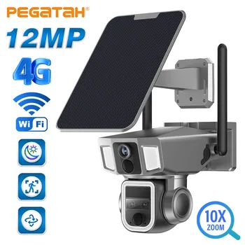 PEGATAH PTZ 보안 캠 방수 카메라, 4G 무선 10X 줌, 4K 와이파이, 3 렌즈 태양 전지 패널, 인간 감지, 12MP