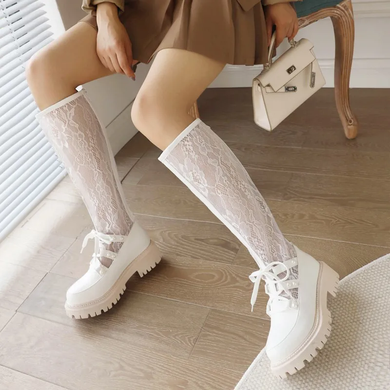 

White Mesh Lace Knee High Boots Korean Sweet Platform Round Toe Lace-up Block Heels Ladies Dance Princess Shoes Large Size 44 45