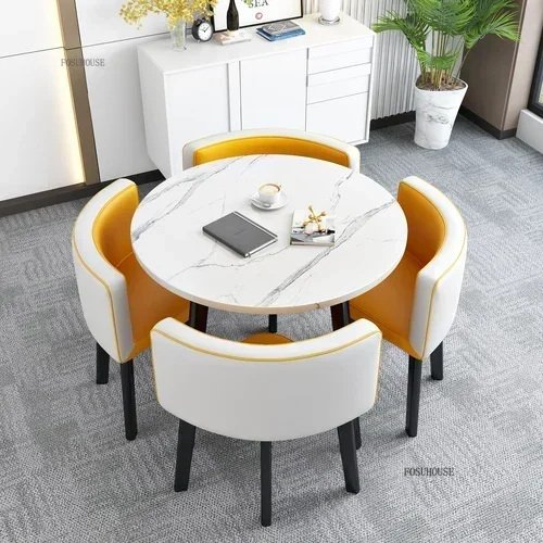 Conjunto de mesas de jantar redondas nórdicas, móveis para sala de jantar, cozinha, conjunto de mesa de jantar com 4 cadeiras, luz para casa, mesas centrais de luxo 19
