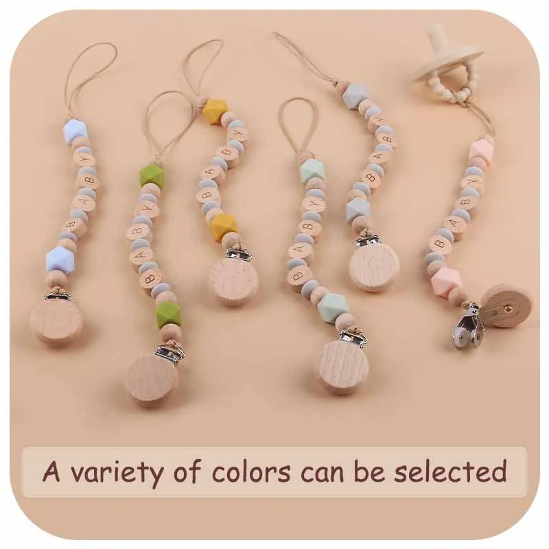 Custom Baby Name Pacifier Clips Flat Letter Beech Beads Handmade Personalized Name Silicone Nipple Chains Newborn Teething Chain