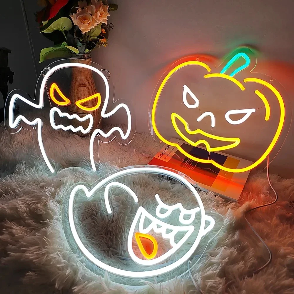 

Неоновая подсветка King Boo с лицом призрака, тыква, неоновая Ночная подсветка, декор для Хэллоуина, игровая лампа, подарки для комнаты мальчика