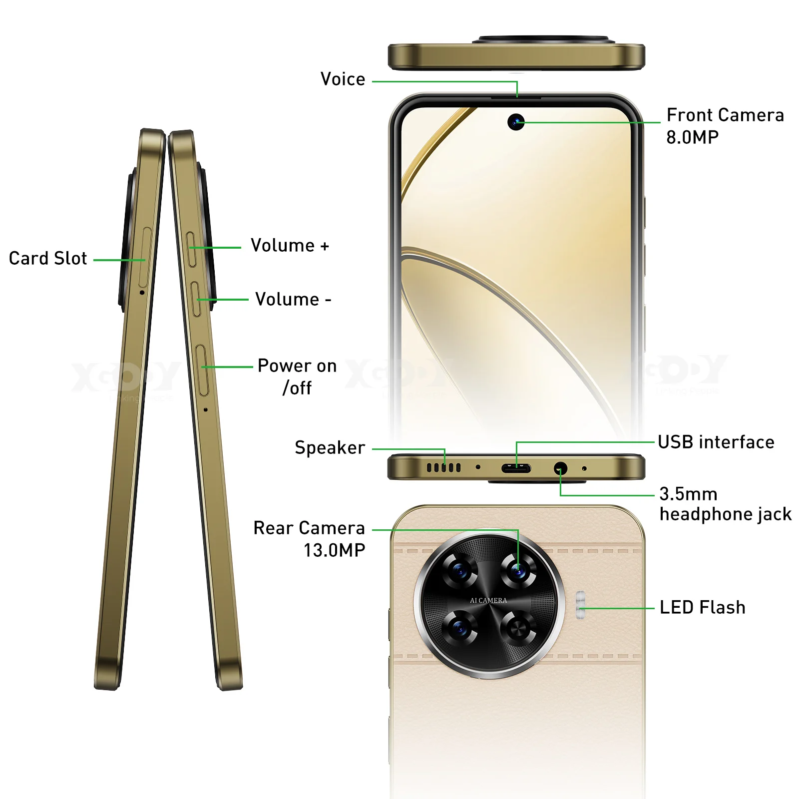 XGODY Cellphones,6.5 inch HD Screen,Smartphone Android,3+64GB ROM,4250mAh,13MP,Mobile phones,4G Dual SIM Quad Core,Face Unlocked 5