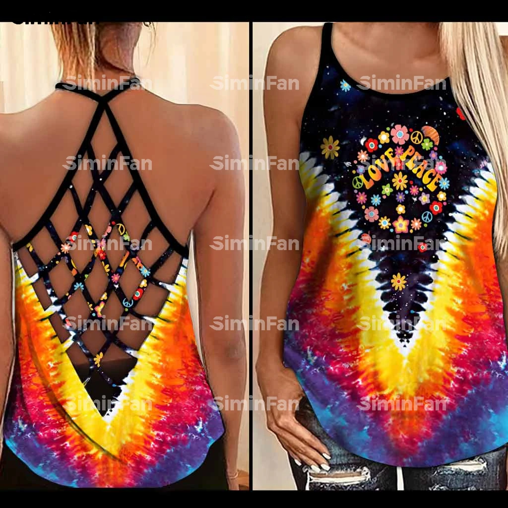 

Colorful Hippie SunFlower Tie-Dye 3D Printed Female Hollow Out Camis Criss Cross Tank Top Open Back Vest Lady Mesh Cutout Shirt