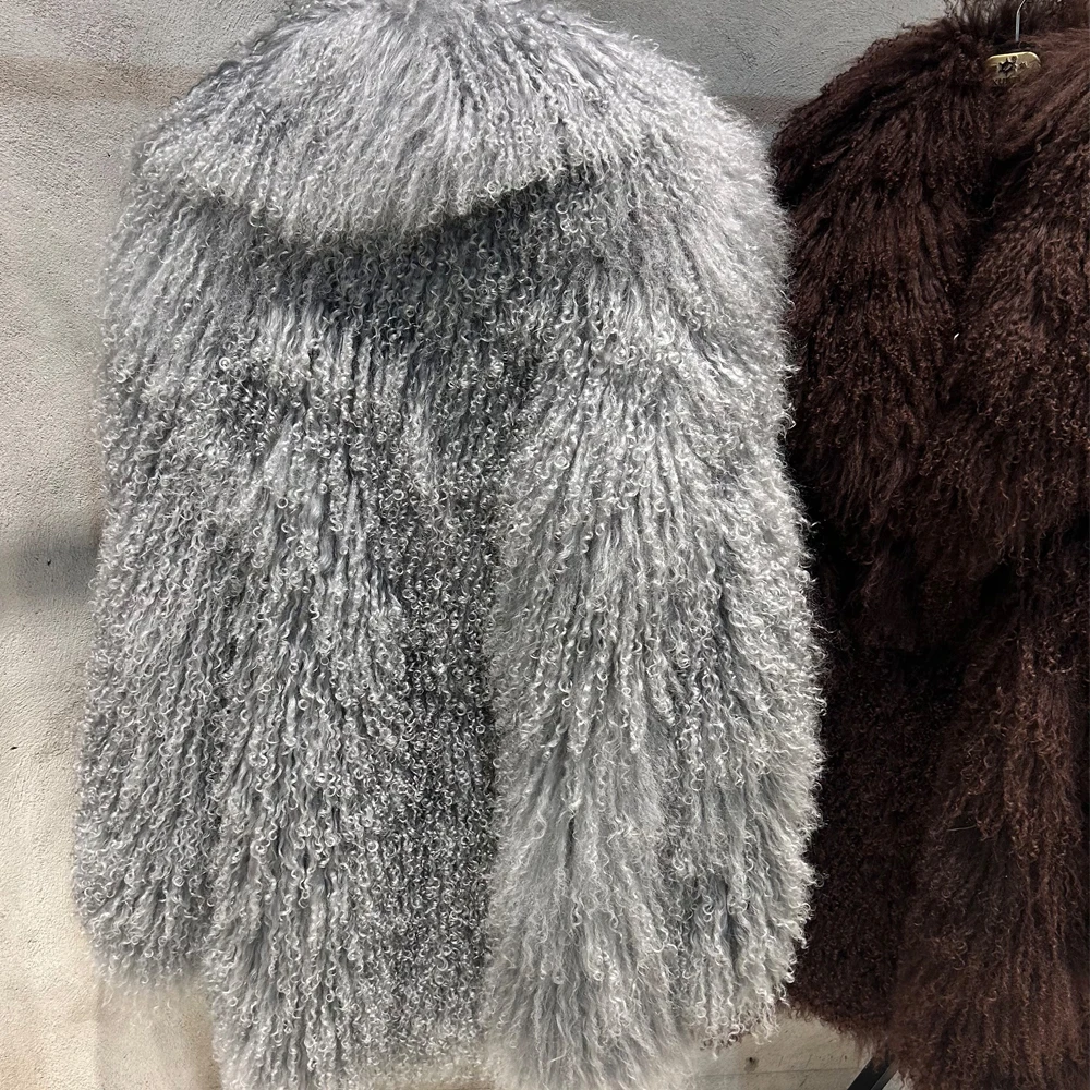 Woman Gray Mongolian Sheep Fur Coat With Collar Mid-length Real