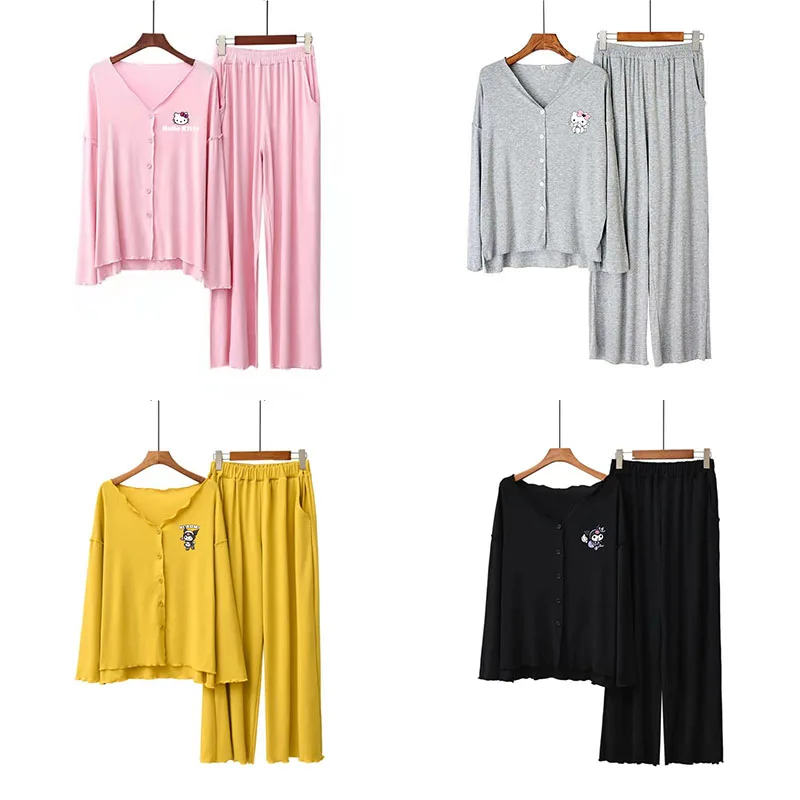 

Cartoon Anime Print Kuromi Hellokittys Thin Breathable Pajamas Long-Sleeved Cardigan Casual Home Wear Set Comfortable Women