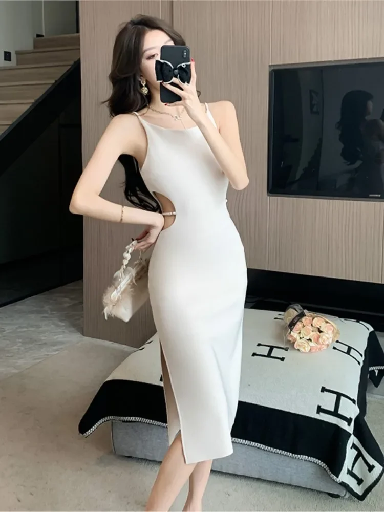 

Sexy Sling Dress Women Summer New Korean Square Collar Sleeveless Elegant Fashion Casual High Waist Hollow Out Dresses Female