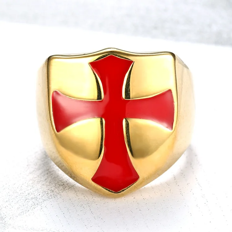 Megin D Stainless Steel Titanium Red Cross Crusaders Shiled Vintage Hip Hop Rings for Men Women Couple Friends Gift Jewelry Bagu