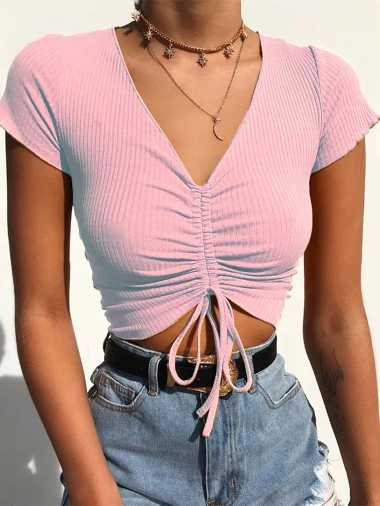 V-Neck Drawstring Crop Tank Top