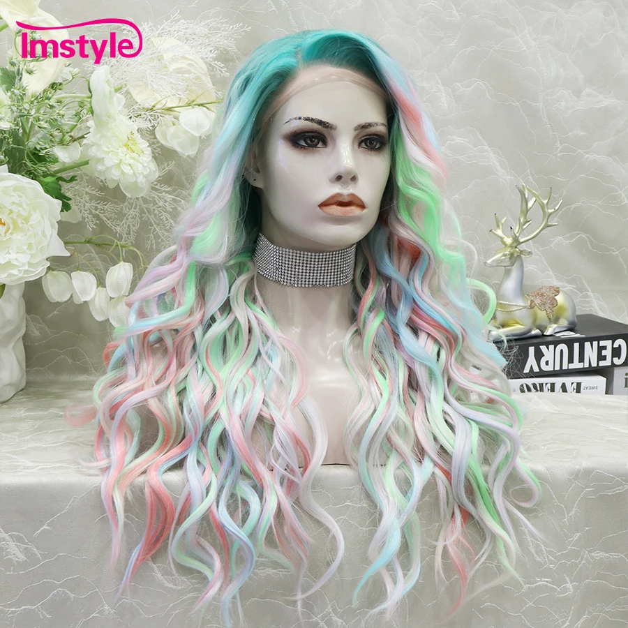 Imstyle Synthetic Lace Front Wig Multicolor Wigs Natural Wavy Heat Resistant Green Pink Mixed Ombre Wig Cosplay For Women