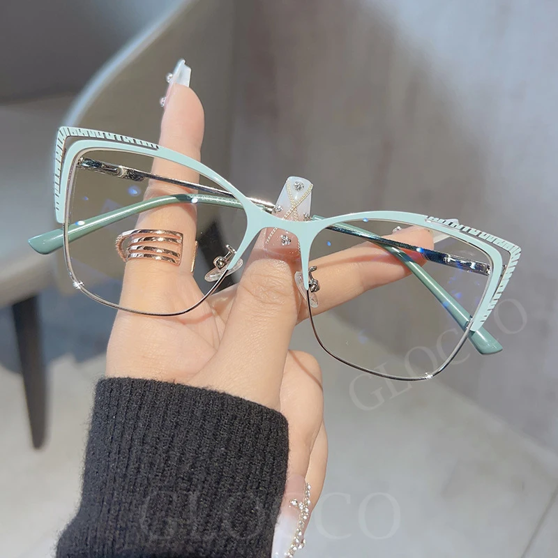 Anti Blue Light Cat Eye Myopia Glasses Women Brand Designer Spring Hinge Pink Eyeglasses Metal Frame Fashion Nearsighted Glasses 3