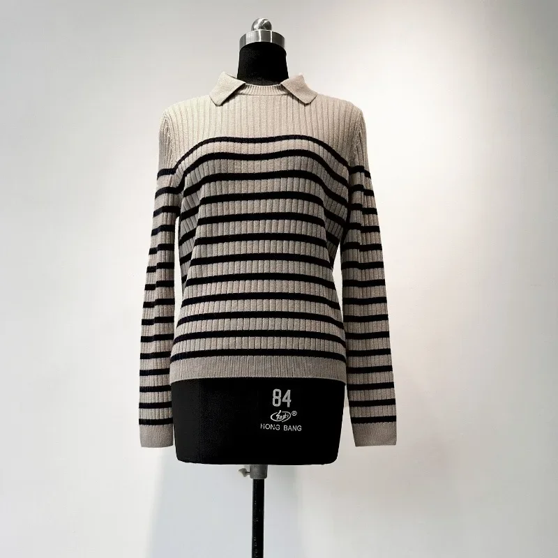 

Lapel Striped Cashmere Long Sleeve Sweater Slim Fit Women's Knit Sweater