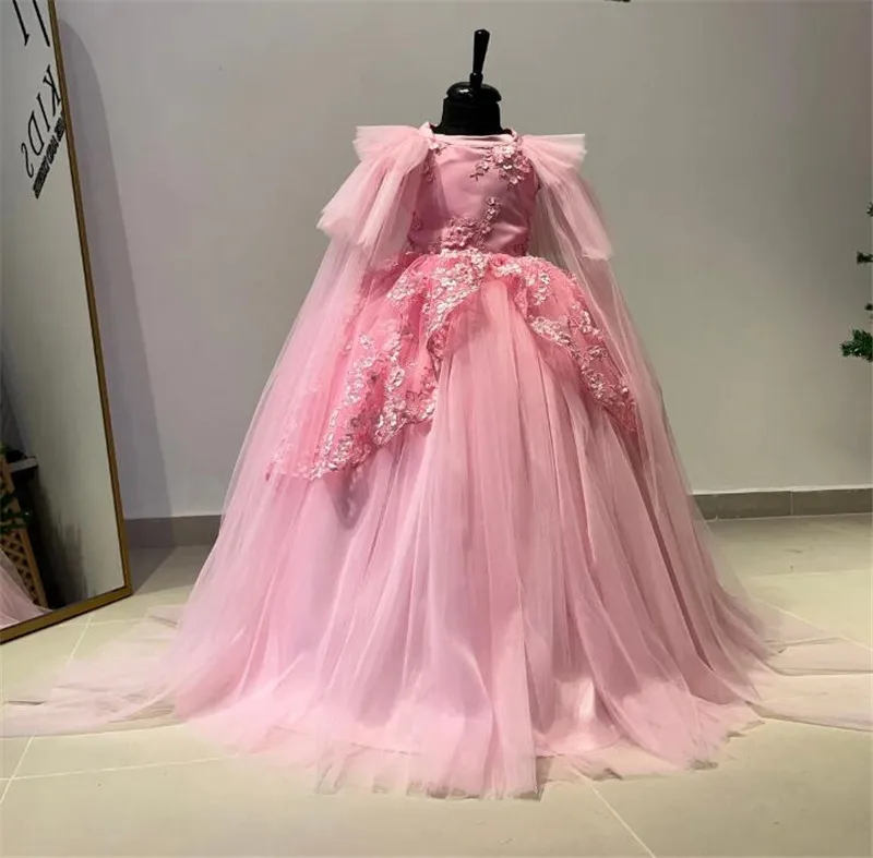 

Pink Couture Princess Dress Flower Girl Dresses for Wedding Kids Long Party Gown First Communion Dress with Wrap