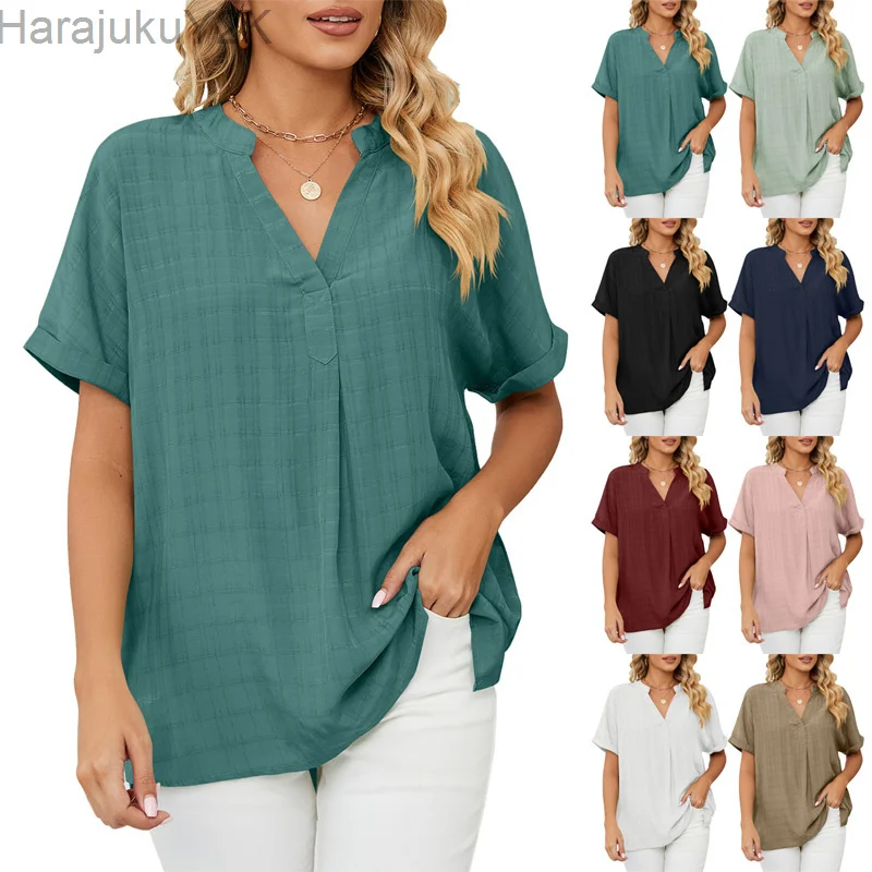 

2023 Women Short Sleeve Solid V Neck Chiffon Tops