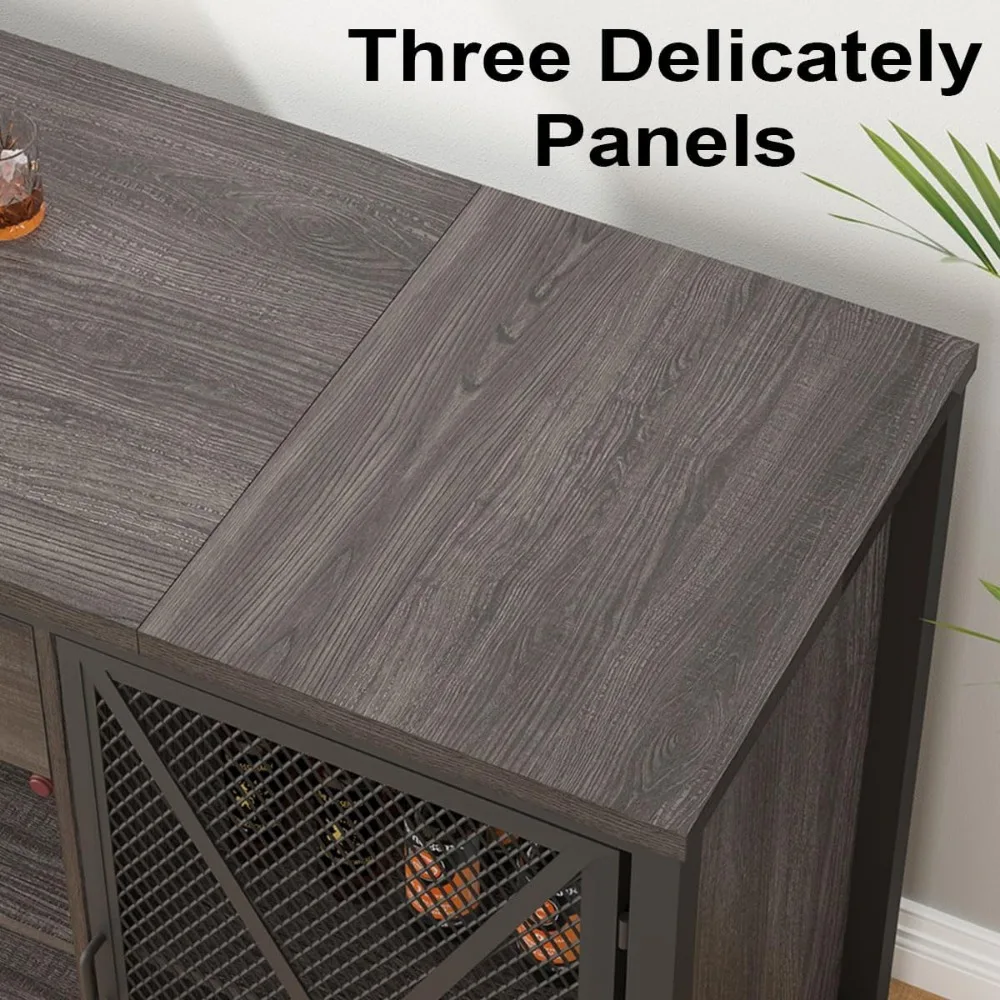 Long Bar Cabinet with Fridge Space, Farmhouse Big Liquor Cabinet with Drawer Storage, Rustic Wood Metal Large Wine