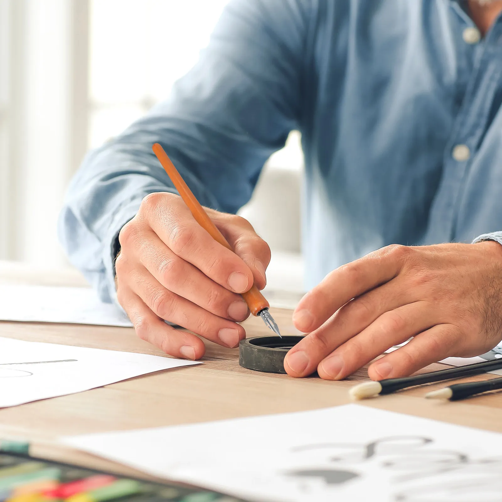 1세트 고급 딥펜 세트 원목 막대 스테인리스 스틸 플랫 닙스 벤트 팁 인체공학적 그립 서예 드로잉 레터링용