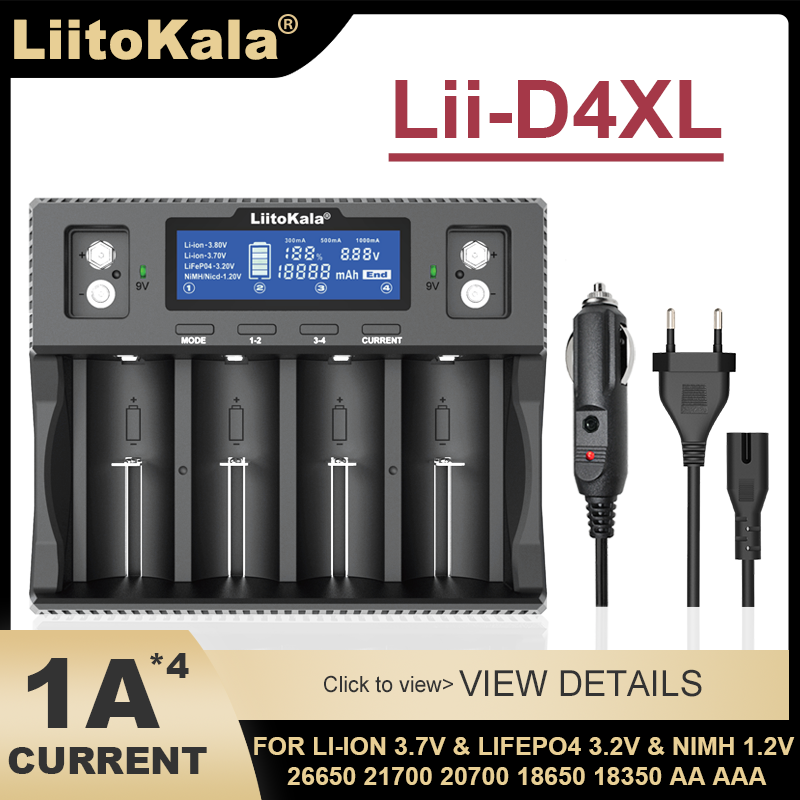 LiitoKala Lii-D4XL LCD Display 21700 18650 3.7VLi-ion 3.2V LiFePO4 1.2V NiMH/Cd 26650 26700 32700 D AA AAA 9V Battery Charger