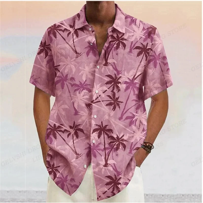 Summer Men Hawaiian Shirts Coconut Tree Lapel Camisas Men Fashion Short Sleeve Shirt Floral Blouse Turn Over Collar Clothes Male 4