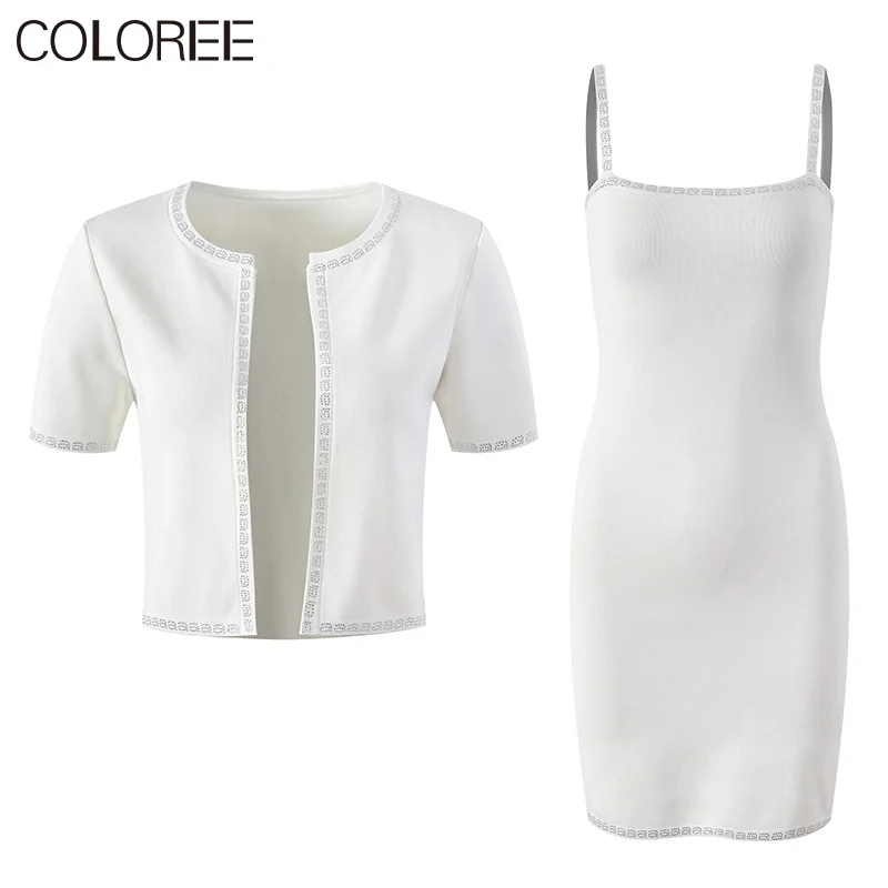 

Luxury Designer Clothing Women 2023 New In Knitwears White Top and Spaghetti Strap Mini Dress Sets Korean Summer Outfits