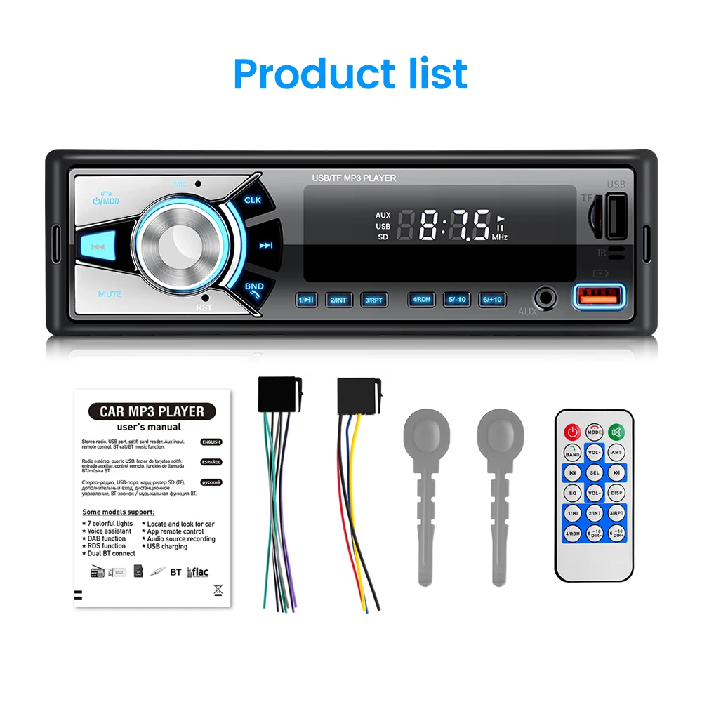 Car Radio In Dash 1 Din Tape Recorder MP3 Player FM Audio Stereo USB SD Colorful lights APP control Bluetooth AUX Autoradio