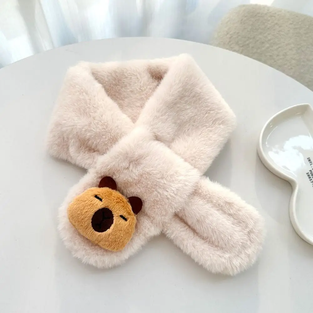New Winter Children's Cross Scarf Plush Solid Color Capybara Scarf Boys Girls Thickened Warm Neckerchief Wrap Kids
