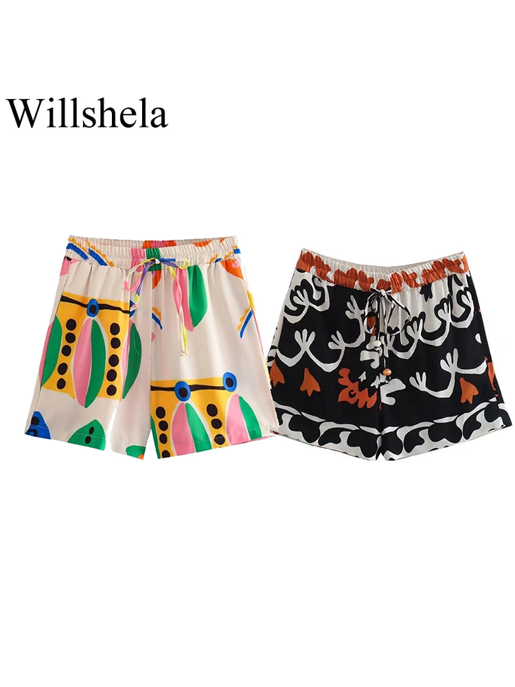 

Willshela Women Fashion Printed Pleated Lace Up Mini Shorts Vintage High Elastic Waist Female Chic Lady Shorts