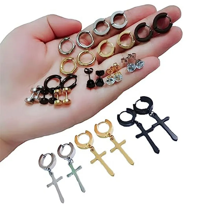 1/15Pairs Punk Stud Earrings Set for Men and Women Gothic Stainless Steel Cartilage Tragus Helix Ear Piercing Jewelry