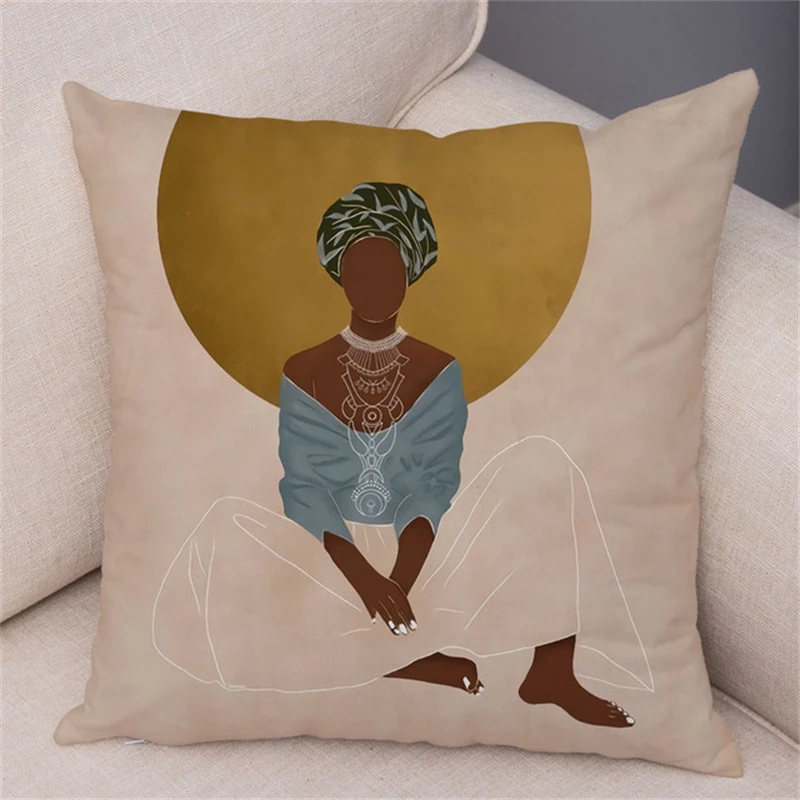 2022 Tropical Plant Soft Plush Black Africa Girl Pillow Case Linen Geometric Fashion Women Cushion Cover for Sofa Car Home Decor