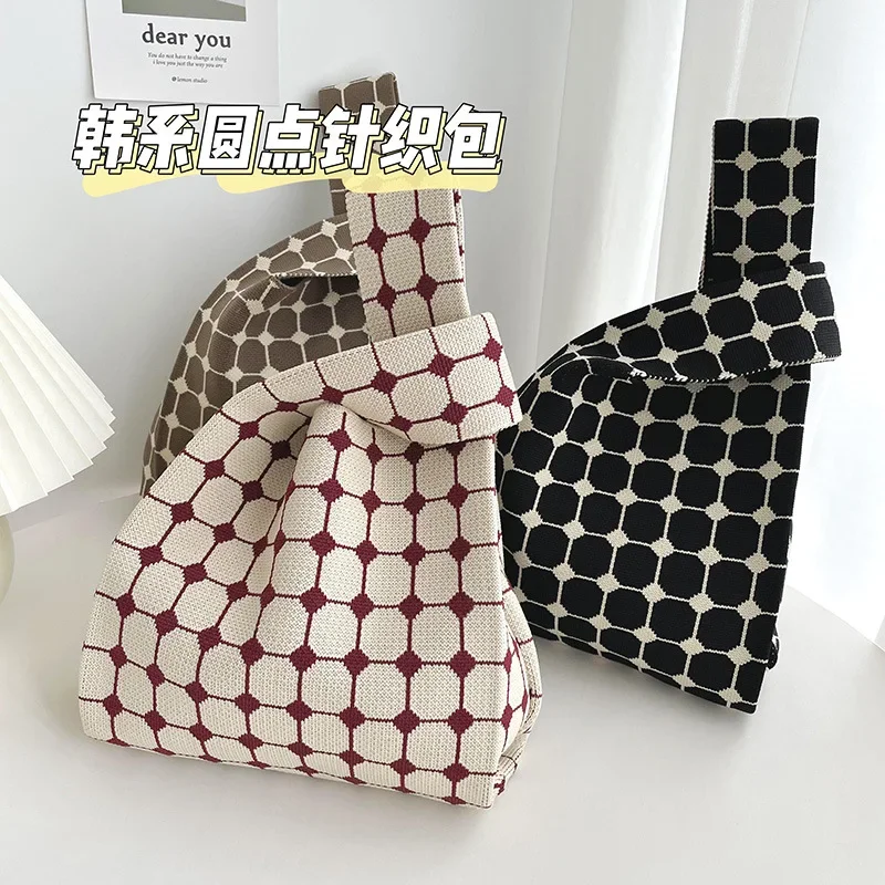 

Korean Style Niche Design Trend Knitted Hand Bag Handbag Checkered Polka Dot Large Capacity Woven Bag