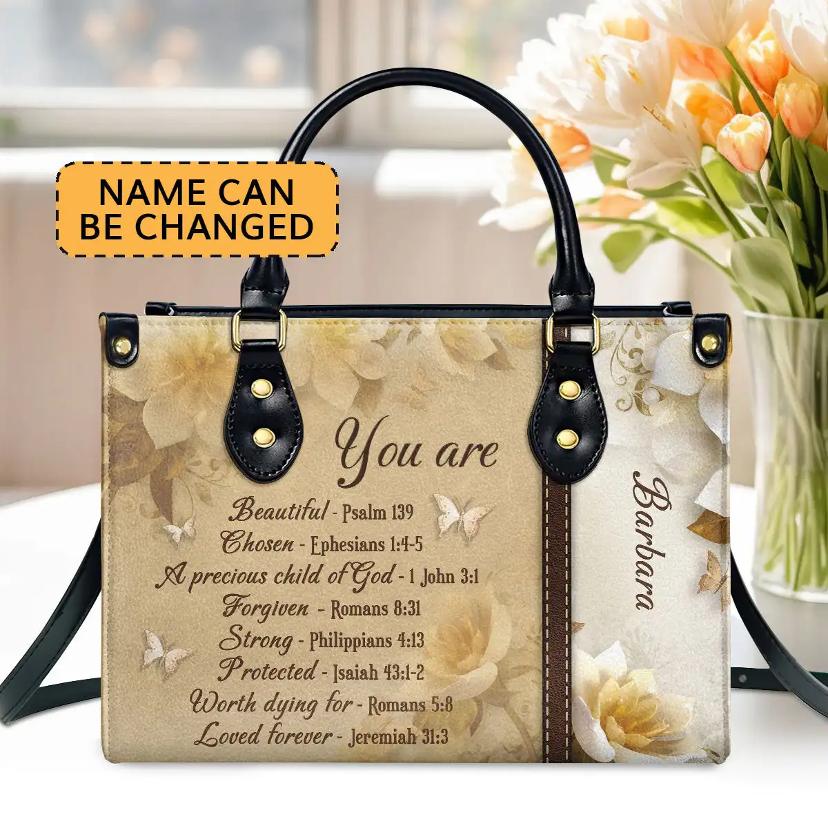 

New Beautiful Personalized Flower Leather Handbag With Zipper You Are Protected Pattern Religious Gift Bag Big Capacity Handbag