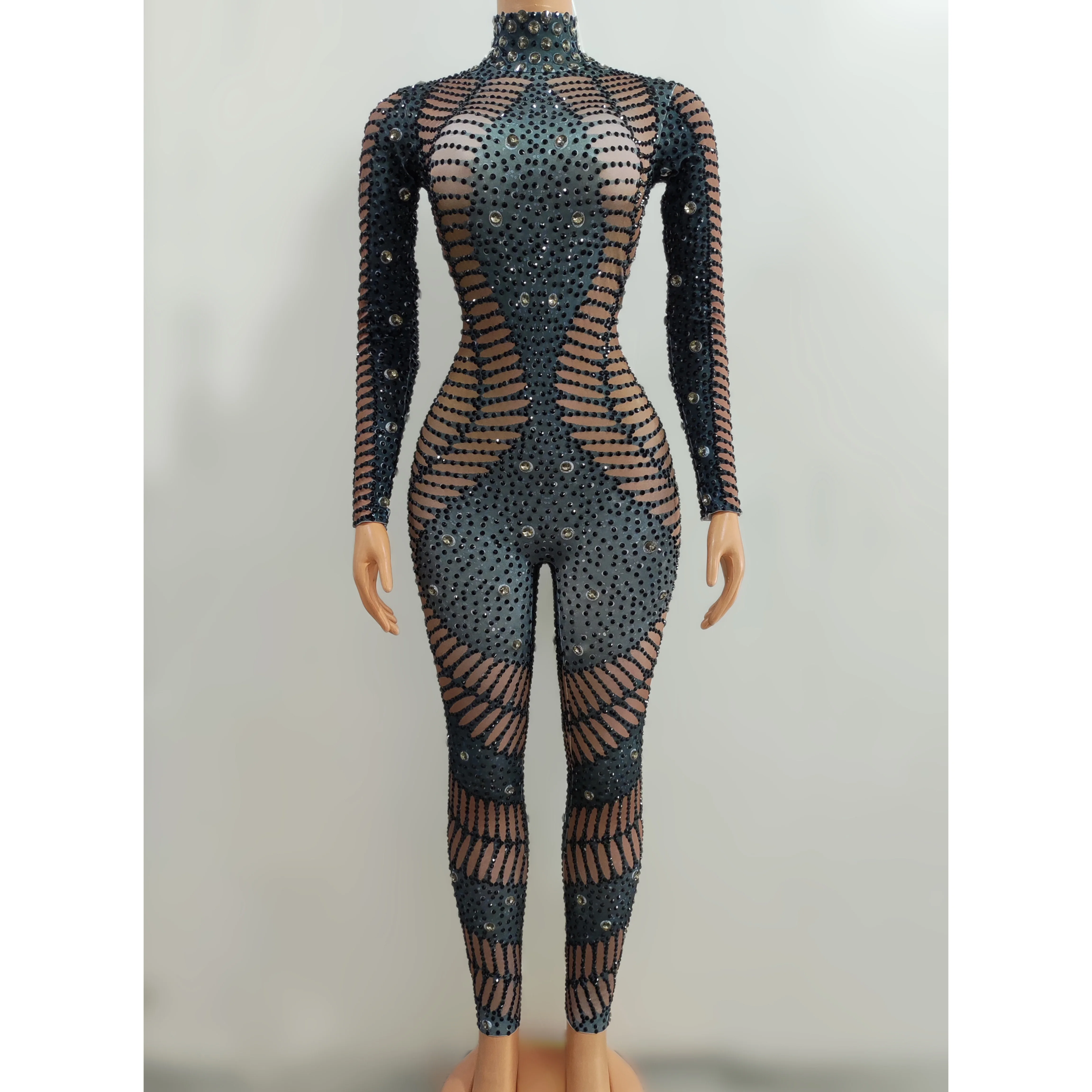 

Bling Crystals Rhinestones Spandex Stretch Jumpsuit Women Evening Party Outfit Nightclub Bar Singer Bodysuit Sexy Dance Costume