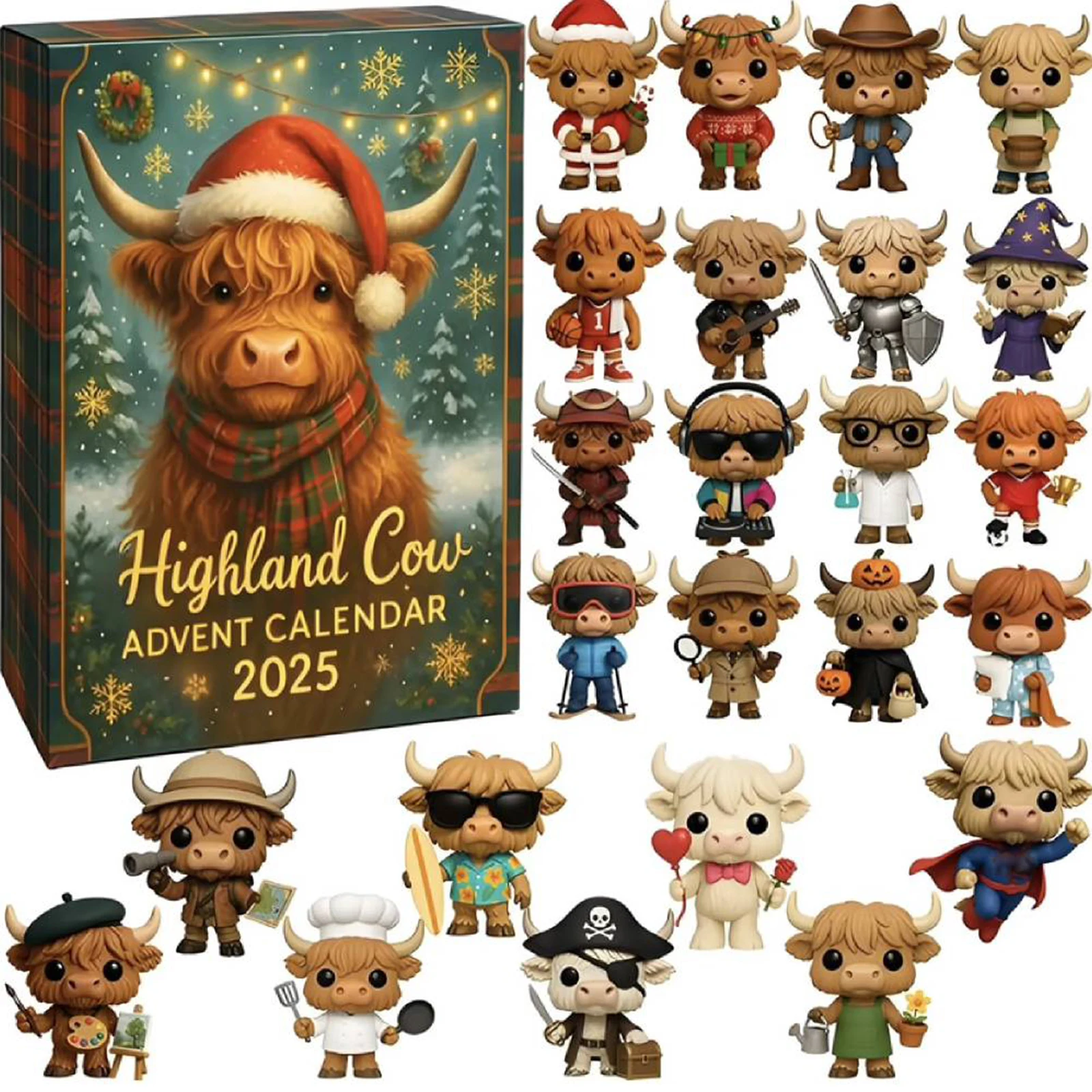 2025 Highland Cow Advent Calendar with 24 Highland Cow Figurines Christmas Countdown Advent Calendar Gift 24 Days