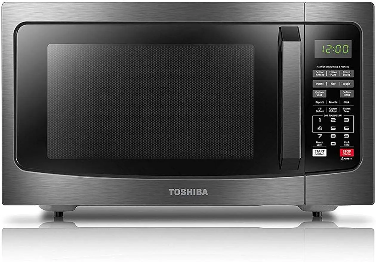 EM131A5C-BS Countertop Microwave Ovens 1.2 Cu Ft, 12.4" Removable Turntable Smart Humidity Sensor 12 Auto Menus Mute Function E