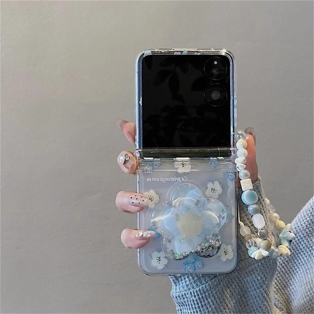 Charming Blue Floral Quicksand Chain Phone Case with Stand