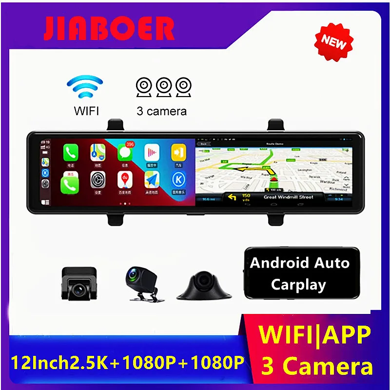 3 Cameras Dash Cam Carplay & Android Auto 2.5k 2560*1440P Rearview Mirror Video Recording WIFI