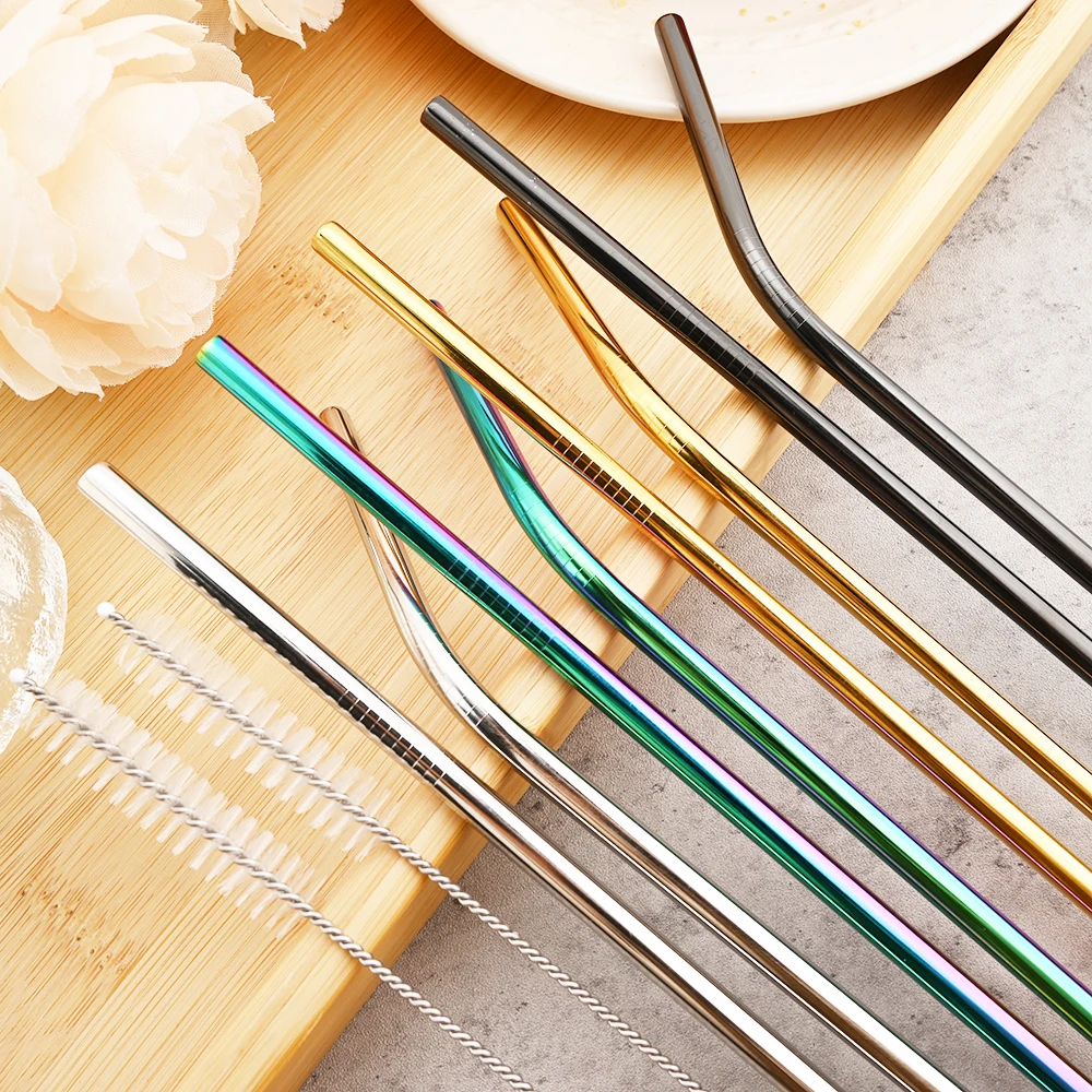 Colorful Reusable 304 Stainless Steel Drinking Straw Set with Case and Cleaning Brush
