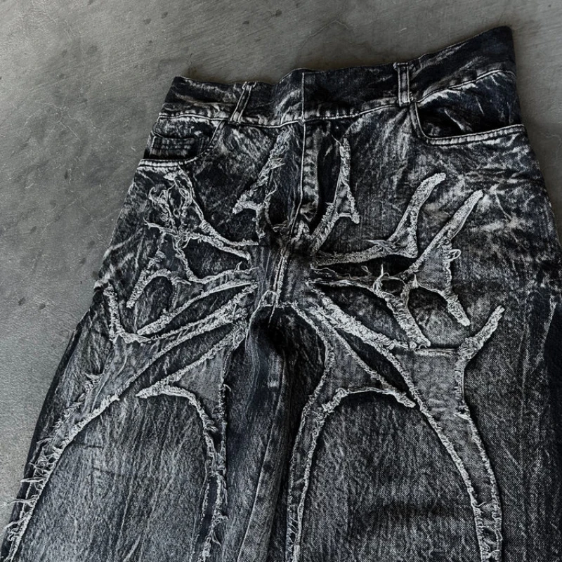Y2K Phantom Jeans High Street Spider Embroidered Patch Hip Hop Streetwear Gothic Retro Oversized Baggy Fit Unisex Mopping Pants 2