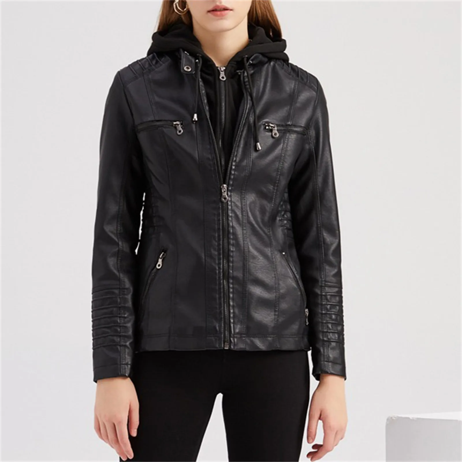 

Pu Leather Jacket Hooded Detachable Plus Size Motorcycle Women Clothes Ladies Solid Color Washed Leather Coat Two-Piece Set