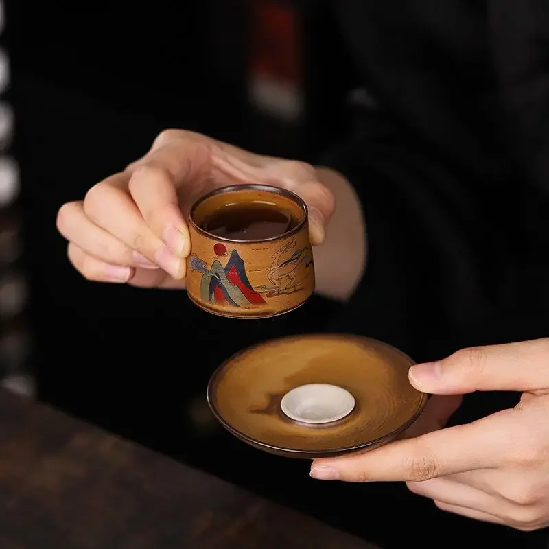 2-piece set Handmade retro sauce glazed tea cup, tea tasting cup, household cup, kung fu tea cup ceramic cup, owner's single cup