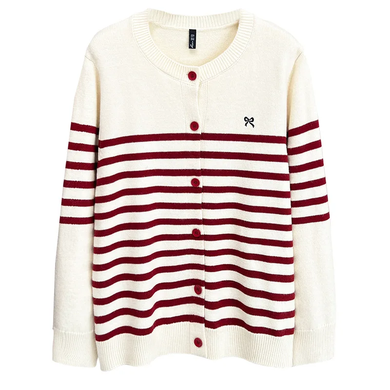 Women's O-Neck Long Sleeve Knitted Cardigan, Female Loose Embroidery Bow Jumpers, Autumn and Winter Wear, Plus Size Sweater, 389