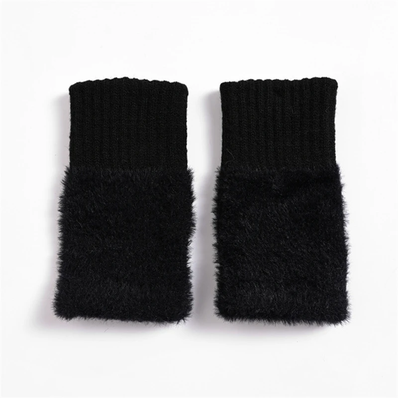 

Wrist Gloves Winter Warm Women Solid Color Fur Trim Waffle Knitted Half finger Mittens Accessories Half Finger Gloves
