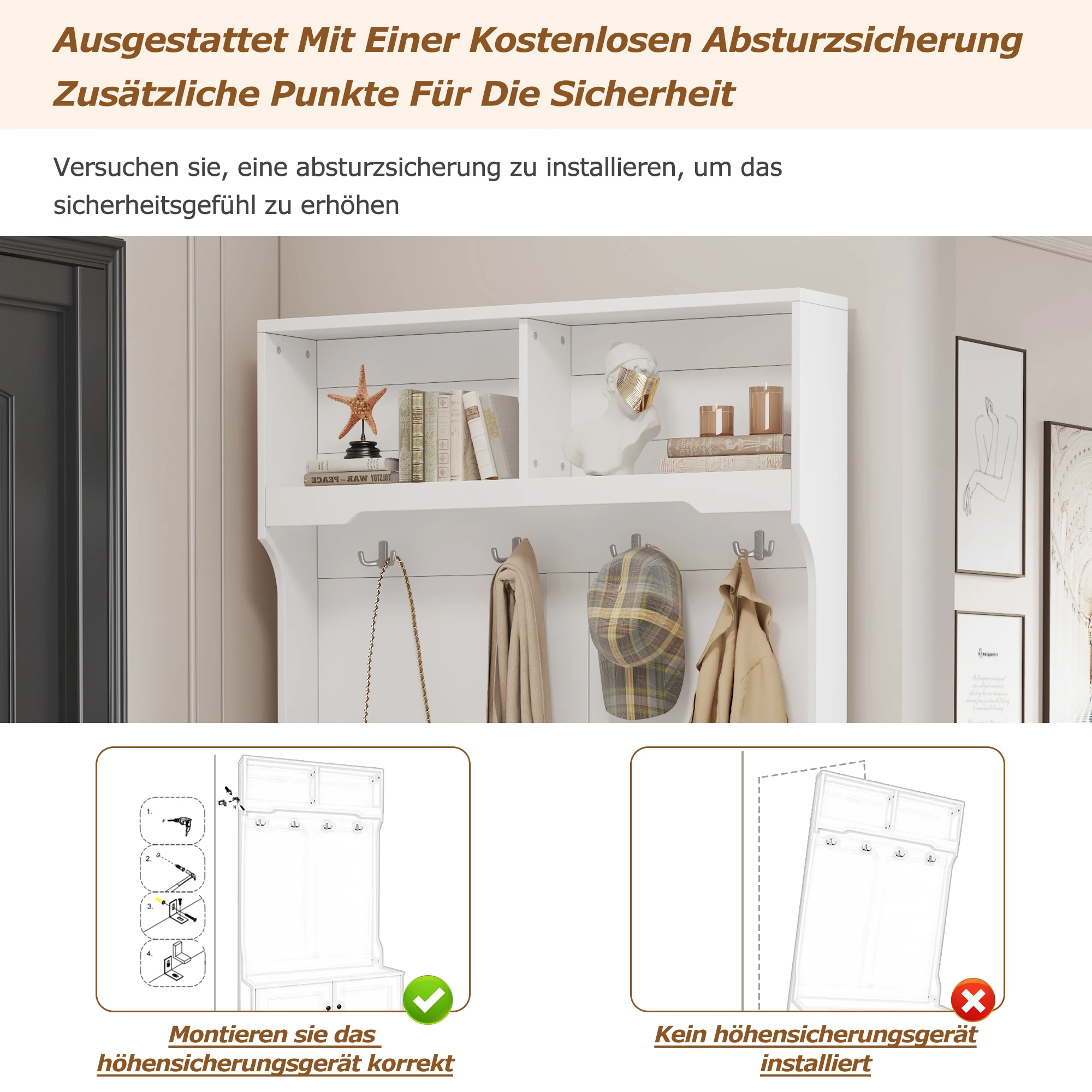 KOMHTOM Eingangsschrank mit Stauraum - An der Unterseite des Sitzes 4 Haken zum Aufhängen, 2 Fächer zur offenen Aufbewahrung – Detail 6