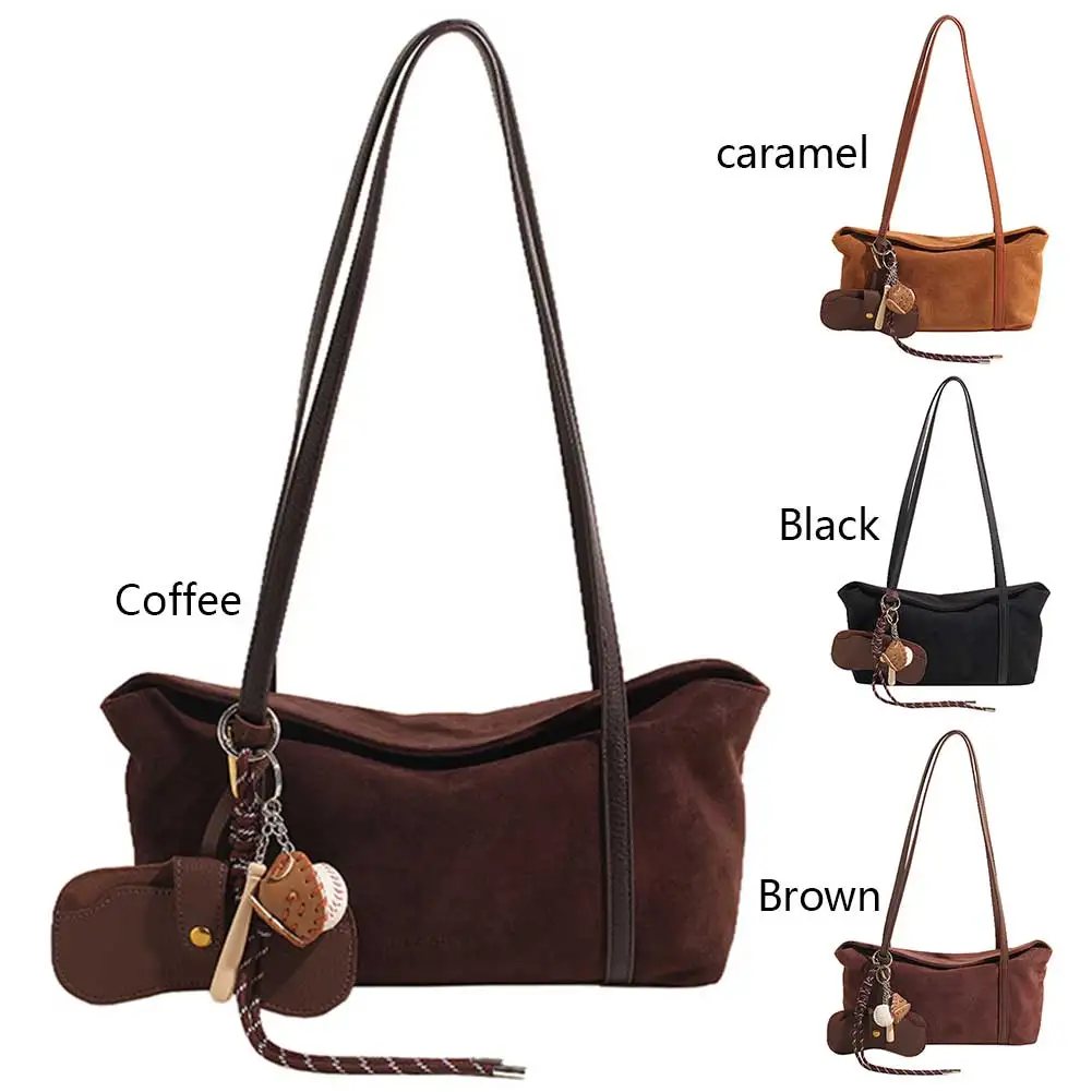 Women Suede Shoulder Bag with Inner Pocket Retro Handbag Large Capacity Satchel Bag Solid Clutch Purse for Work Travel
